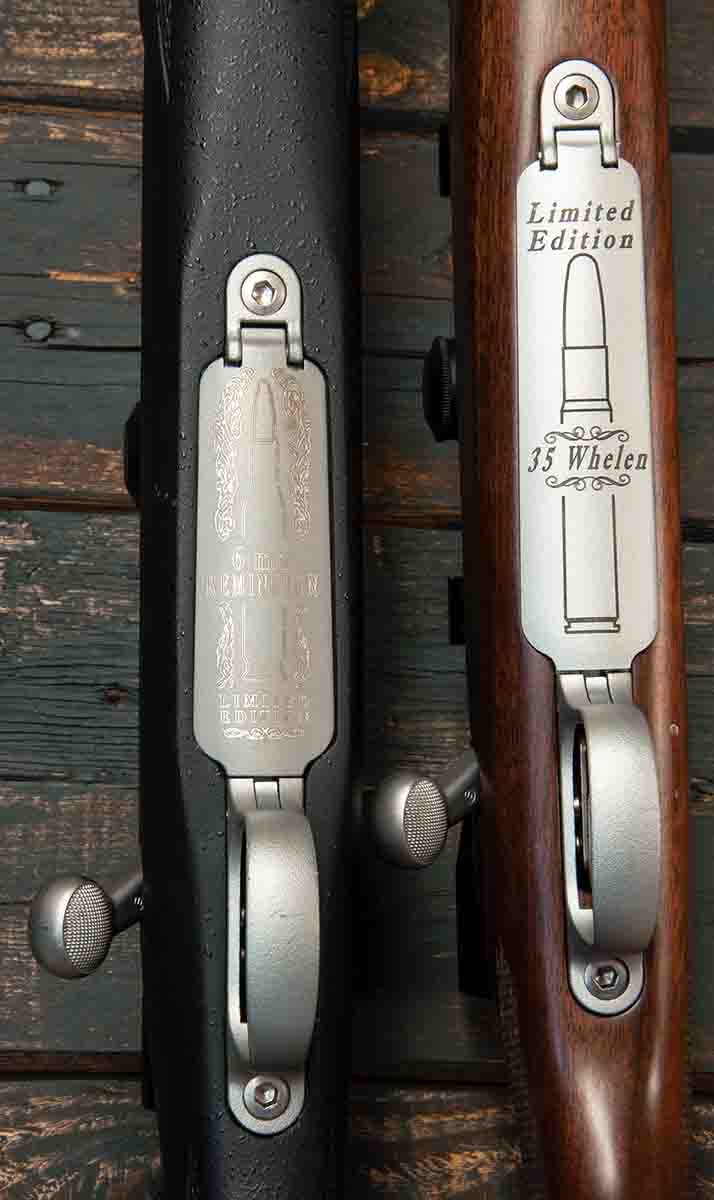 The 6mm Remington’s floorplate was engraved while the .35 Whelen’s bottom metal is etched.